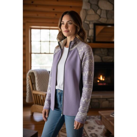 Natural Reflections Purple + White Merino Wool Fair Isle Cardigan Size Medium - Picture 1 of 5